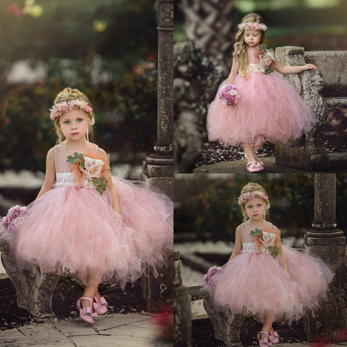 Pink Ball Gown Flowers Girls Dresses Jewel Lace Applique Hand Made Flower Princess Toddlers Pageant Gowns Wedding Party Dress