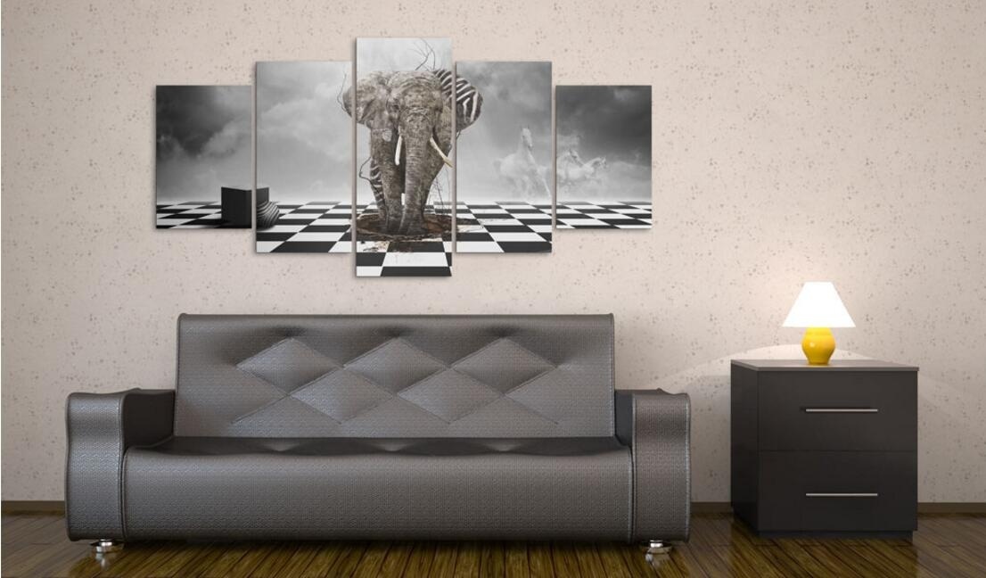 ( No Frame)5PCS/Set Modern Landscape Animal Heavy Elephant Art Print Frameless Canvas Painting Wall Picture Home Decoration