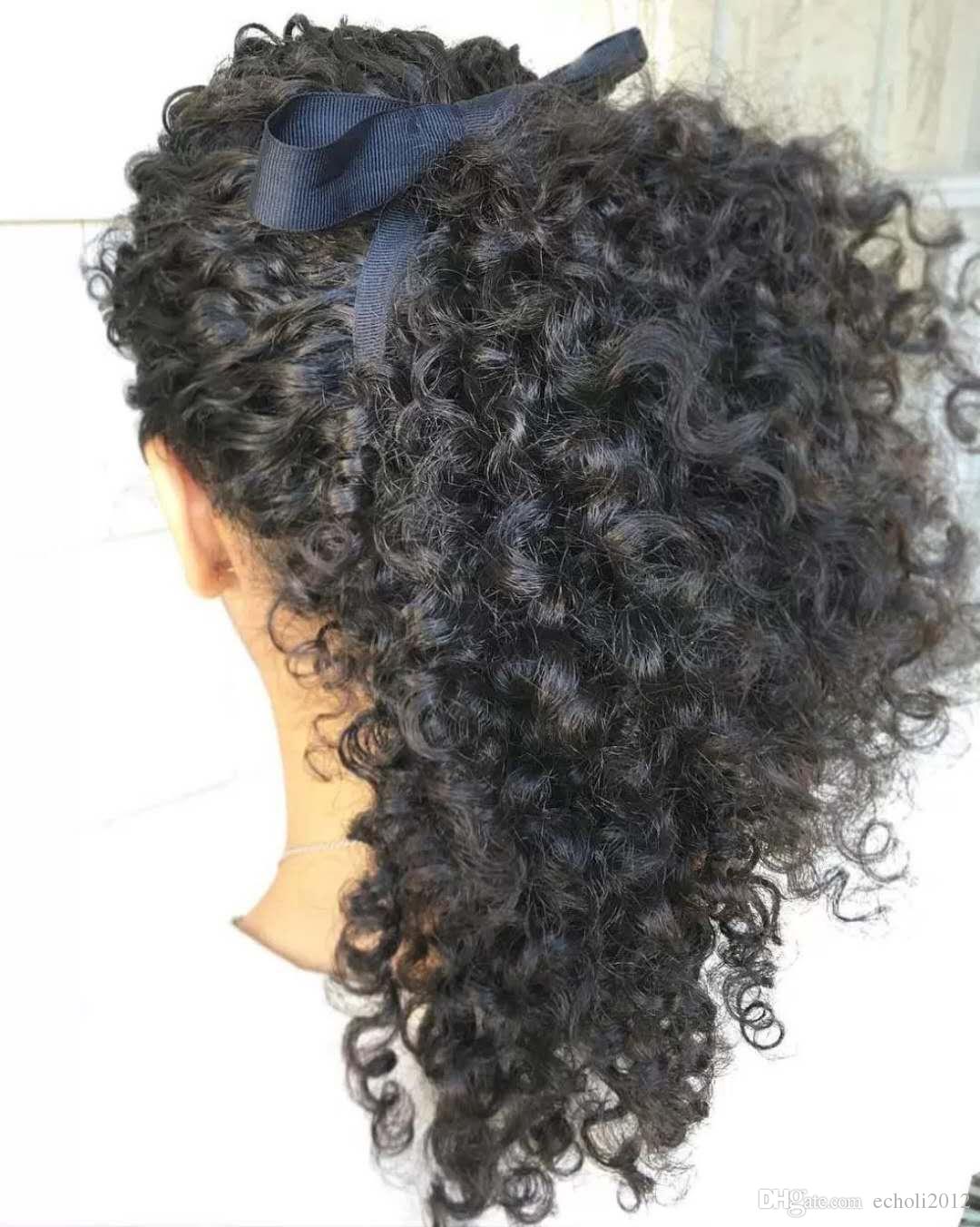Kinky curly Drawstring human hair ponytail , clip in black ponytail curly hair extensions