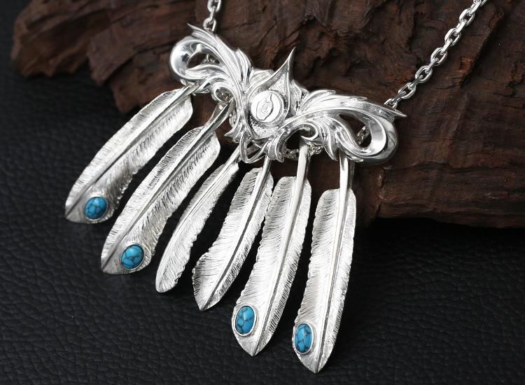 Brand new 925 sterling silver jewelry vintage Japanese style antique silver hand-made designer feather pendants necklaces for men