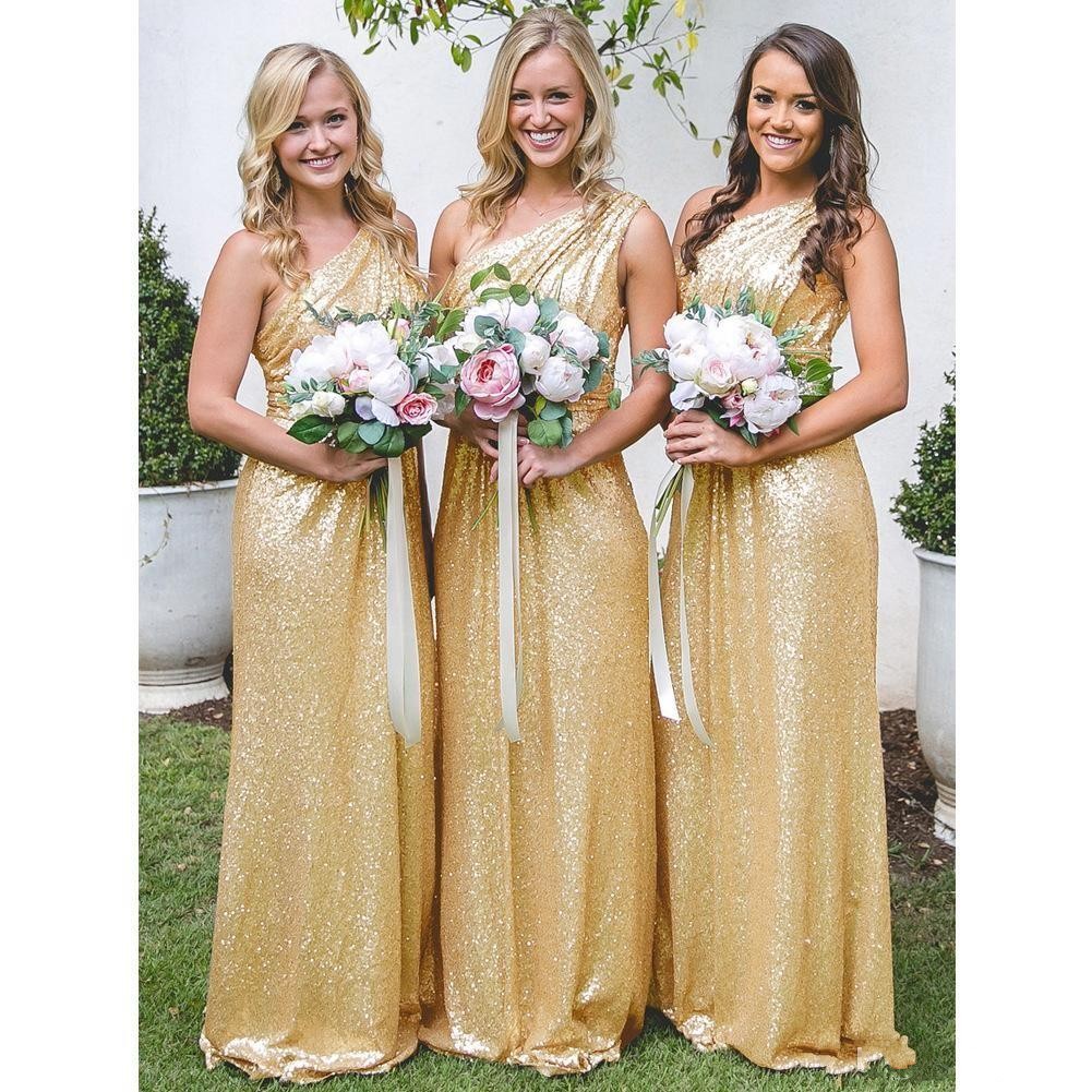 New Rose Gold Yellow Sequined Bridesmaid Dresses For Weddings Guest Dress One Shoulder Floor Length Plus Size Formal Maid Of Honor Gown