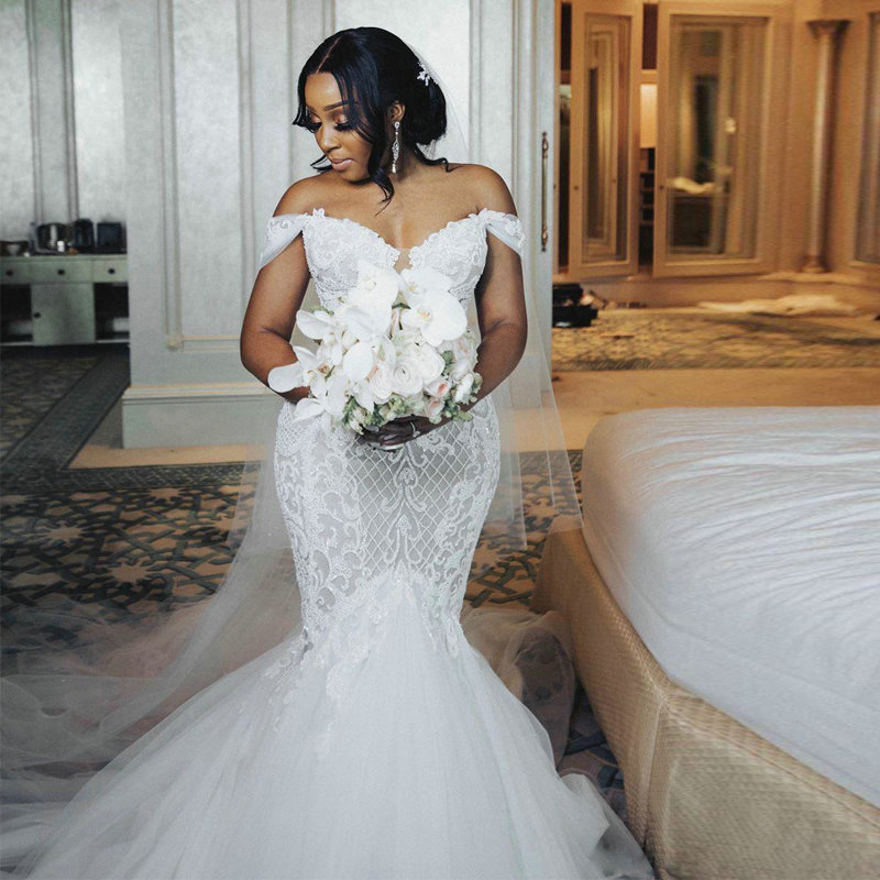 Mermaid Lace Fabulous Beaded Wedding Dresses Off The Shoulder Neck Appliqued Plus Size Bridal Gowns Tulle Trumpet Robe De Marie