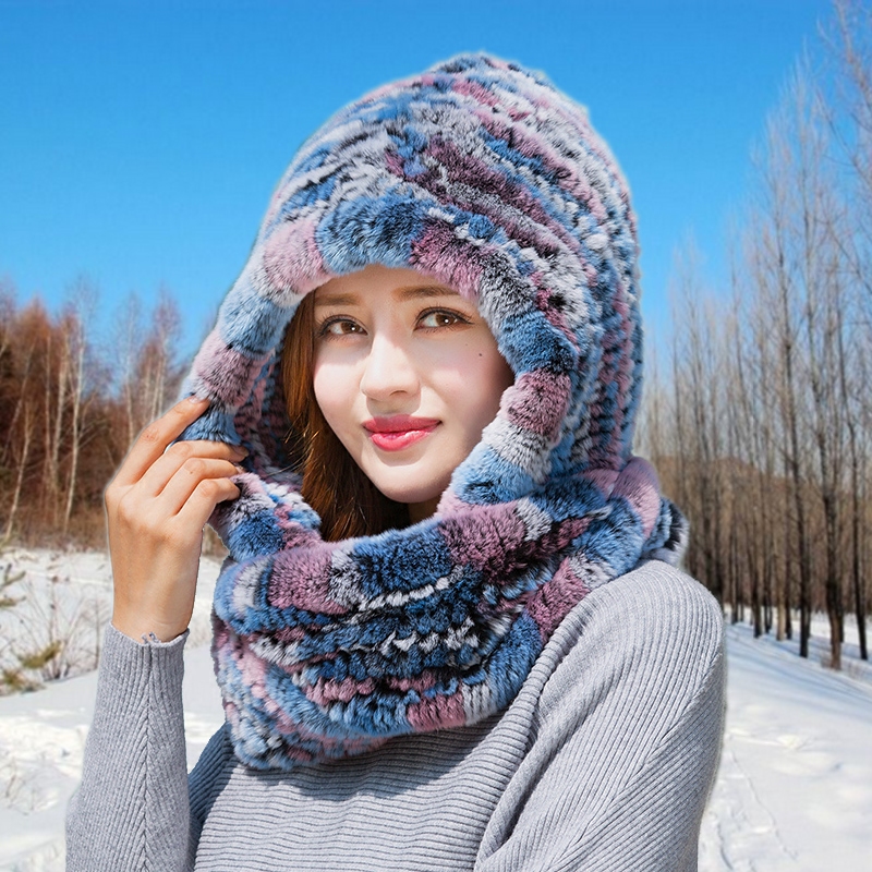 [Rancyword] Hat Women 2017 New Knitted Real Rex Rabbit Fur Hat Hooded Scarf Winter Warm Natural Fur Hat With Neck Scarves RC1319 Y18120302