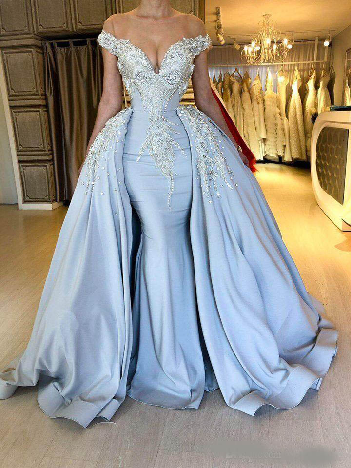 Sexy Light Sky Blue Mermaid Prom Dresses with Long Train Beadings Crystals Sequined Off Shoulder Evening Gowns Special Occasion for Women