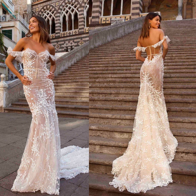 New Berta Mermaid Dresses Off Shoulder Short Sleeve Bridal Gowns Sexy See Through Plus Size Sweep Train Wedding Dress