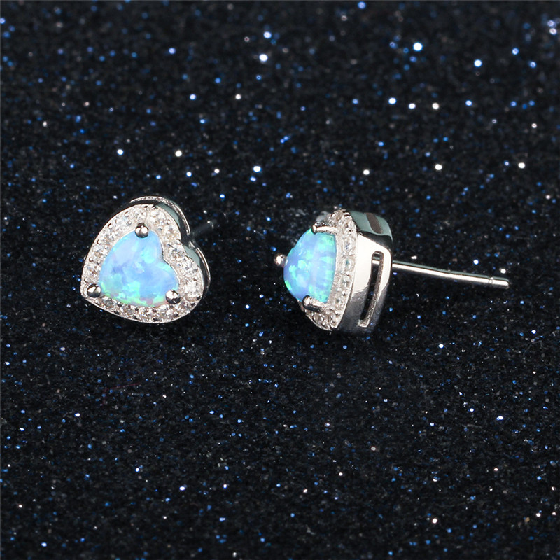 925 Sterling Silver Blue Creat Opal Heart Shape Stud Earrings Cubic Zirconia Earring Wedding Jewelry Mother Gift