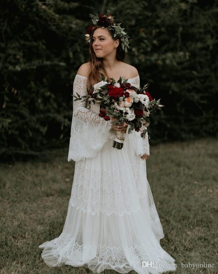 Plus Full Lace Size Dresses Bohemia Off Shoulder Long Sleeves Mermaid Wedding Dress Sweep Train Beach Bridal Gowns Cheap Boho