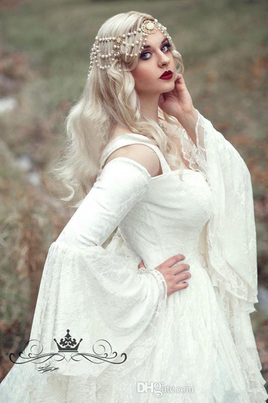 Lace Wedding Gothic Dresses With Cloak Plus Size Vintage Bell Long Sleeve Celtic Medieval Princess Bridal Gown 6660306