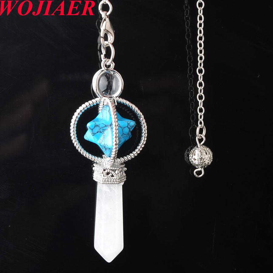WOJIAER Natural Blue Turquoise Stone Pendants Reiki Healing Merkaba Dowsing Pendulum Bead Pendule Necklaces Radiesthesia Jewelry N8164
