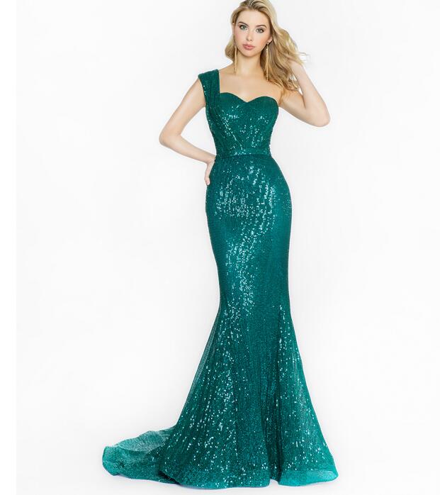 2020 Glitter Mermaid Evening Dresses One Shoulder Sequins Sleeveless Prom Gown Open Back Ruffle Sweep Train Custom Made Formal Party Gown