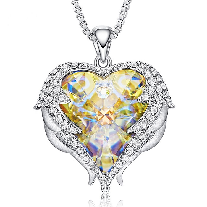 Wholesale- Love Pendant Necklace for women Angel Wings Blue Heart Necklace copper Mothers Day Gift fine jewelry silver plated