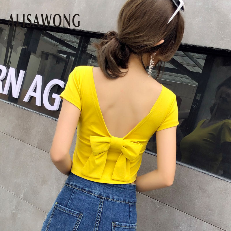 2020 Summer New Short Sleeve T Shirts Women Korean Slim Basics Bow Backless Fashion Ladies Short Solid T Shirt Yellow Tops
2020 Summer New Short Sleeve T Shirts Women Korean Slim Basics Bow Backless Fashion Ladies Short Solid T Shirt Yellow Tops