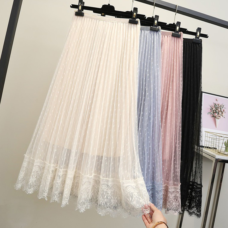 Sweet Dobby Gauze Pleated Long Skirts for Women Elastic Waist Lace Patchwork Dotted Tulle Perspective A-line Maxi Long Skirts, Black
Sweet Dobby Gauze Pleated Long Skirts for Women Elastic Waist Lace Patchwork Dotted Tulle Perspective A-line Maxi Long Skirts, Black