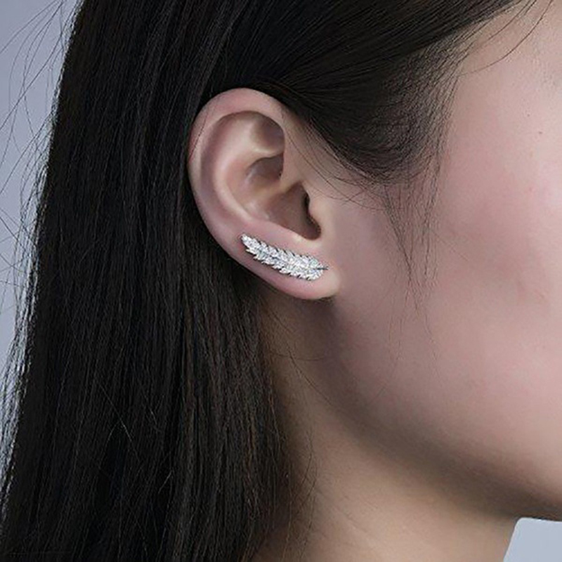 White Zircon Leaves Stud Earrings Charm Diamond Dangle Earring Ear Bone Nail Women Men No Allergies