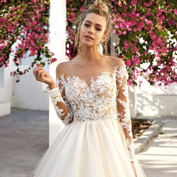 A-line Wedding Dresses 2020 Vestidos De Novia Tulle Long Sleeve Appliques Lace Skin Color Transparent Bridal Gowns