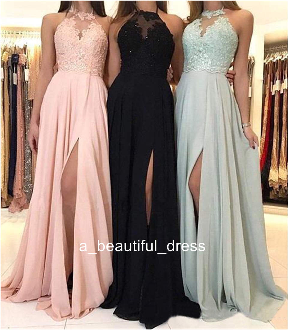 Elegant Halter Chiffon Long Bridesmaid Dresses Lace Applique Split Prom Guest Dress Maid Of Honor Dresses