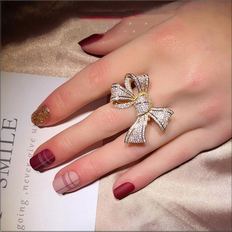 Top Brand Hot Sale Stunning Luxury Jewelry Fine Jewelry 925 Sterling Silver&Gold Fill Pave White Sapphire CZ Diamond Women Wedding Bow Ring