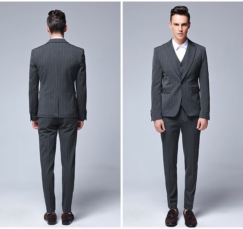 Piopular Grey Stripe Men Wedding Tuxedos Peak Lapel Slim Fit Groom Tuxedos Excellent Men Jachet Blazer 3 Piece Suit(Jacket+Pants+Tie+Vest)69