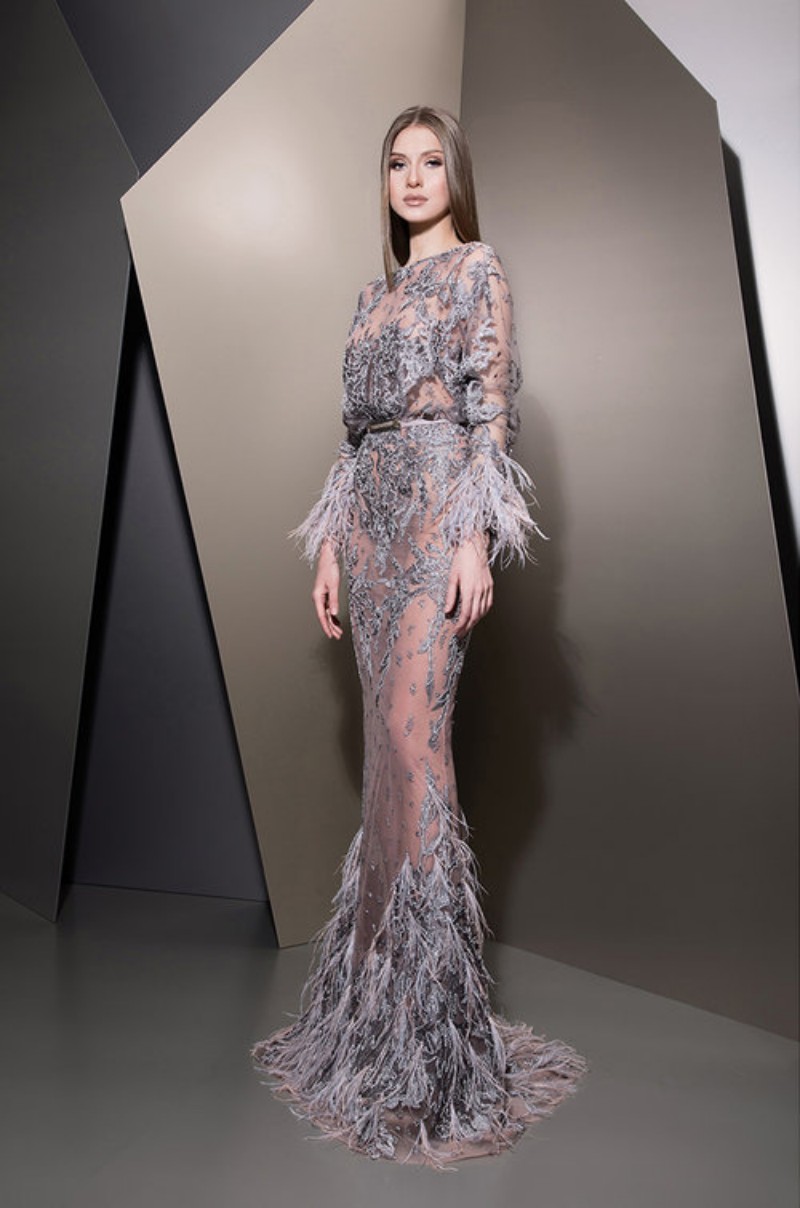 New Ziad Naked Evening Dresses With Feather Bateau Neck Mermaid Prom Dress Long Sleeves Beaded Lace formal dresses Custom