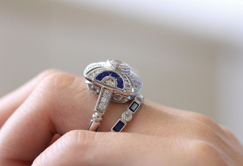 Sterg Sier Wedding Ring Set with Blue Sapphire CZ Dias for Mother's Day