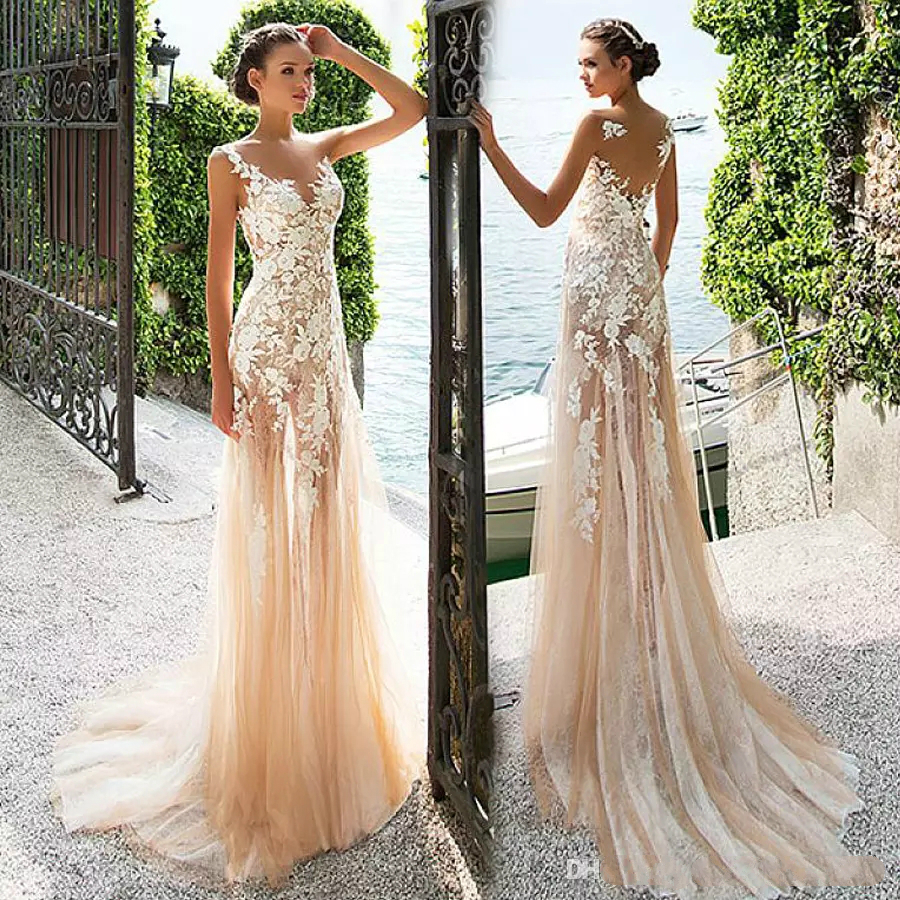New Style See-through Prom Dresses Plain Sexy White Lace Tull Saudi Arabia Formal Evening Gowns China Free Shipping
