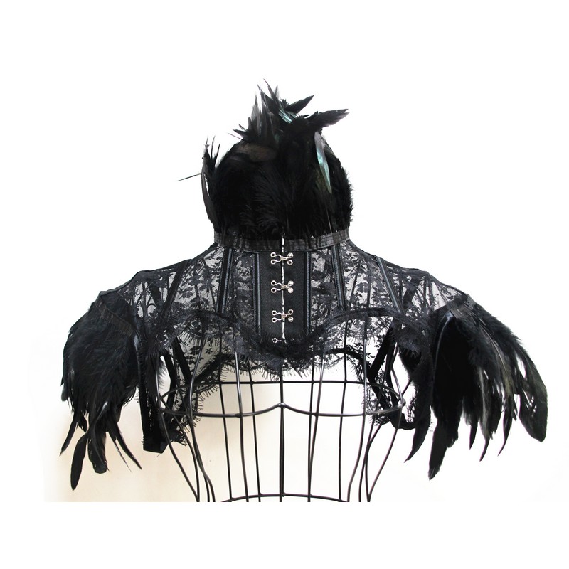 Women Steampunk Feathers Gothic Fake High Collar Lace Mesh Cape Shoulder Bolero Jacket Shrug Crop Tops Retro Vintage Halloween Rave Costume