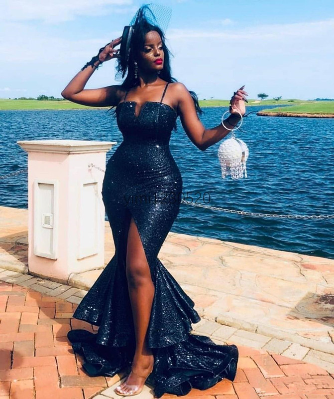 Dark Navy Sexy Mermaid Prom Dresses Spaghetti Side Split Ruffles Sequined Formal Evening Party Gowns Vestidos De Noche Plus Size Q105 0510