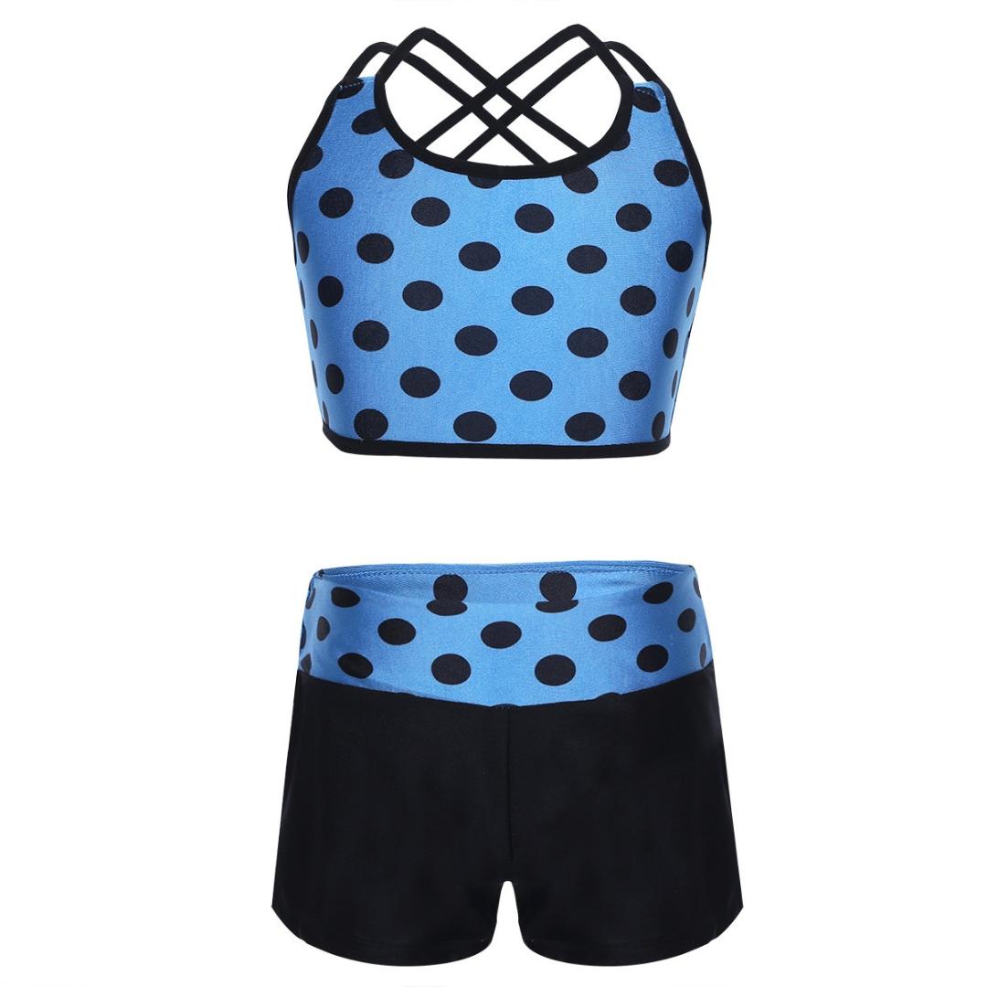 

2PCS Kids Girls Gymnastic Tankini Swimsuit for Dancing Polka Dots Tank Top with Bottoms for Ballet Leotard Dancewear, Blue