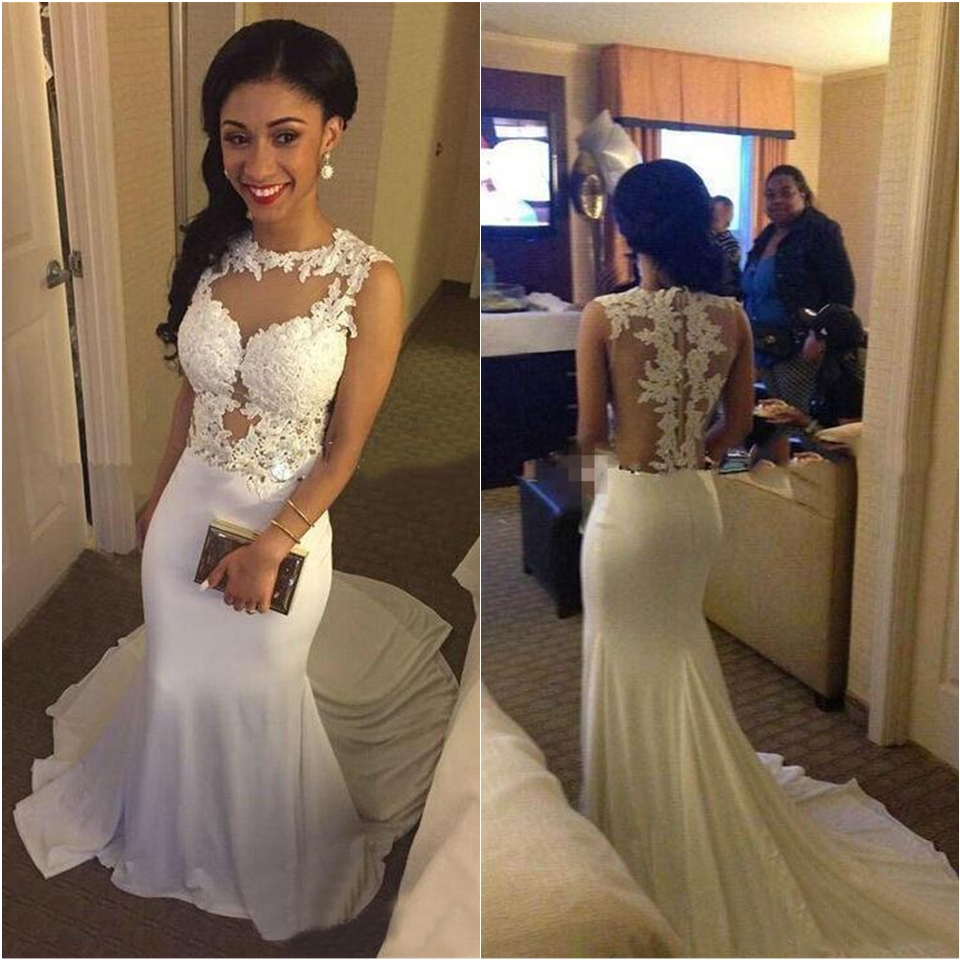 Long Mermaid Evening Dresses Party Gowns Illusion withe Lace Appliques Chiffon Prom Dress vestidos de noche free shipping
