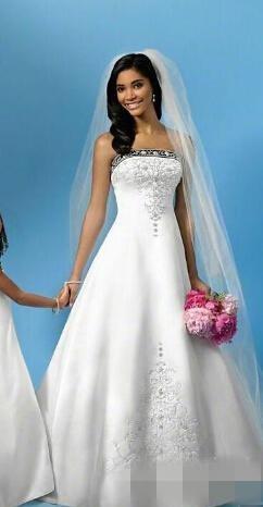 Sweetheart White and Blue Satin A Line Wedding Dresses with Embroidery Cheap Bridal Dress Sweep Train Elegant Wedding Gowns