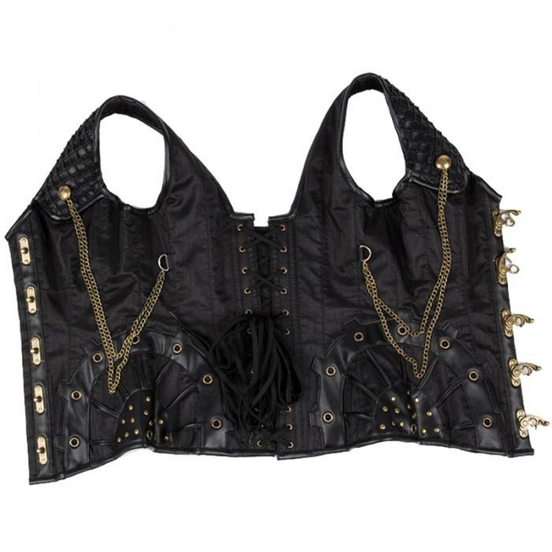Women Black Steampunk Gothic Halterneck Overbust Corset Vest with Buttons and Gold Chain Accents Classic Lace Up Plastic Boned Clubwear XXL