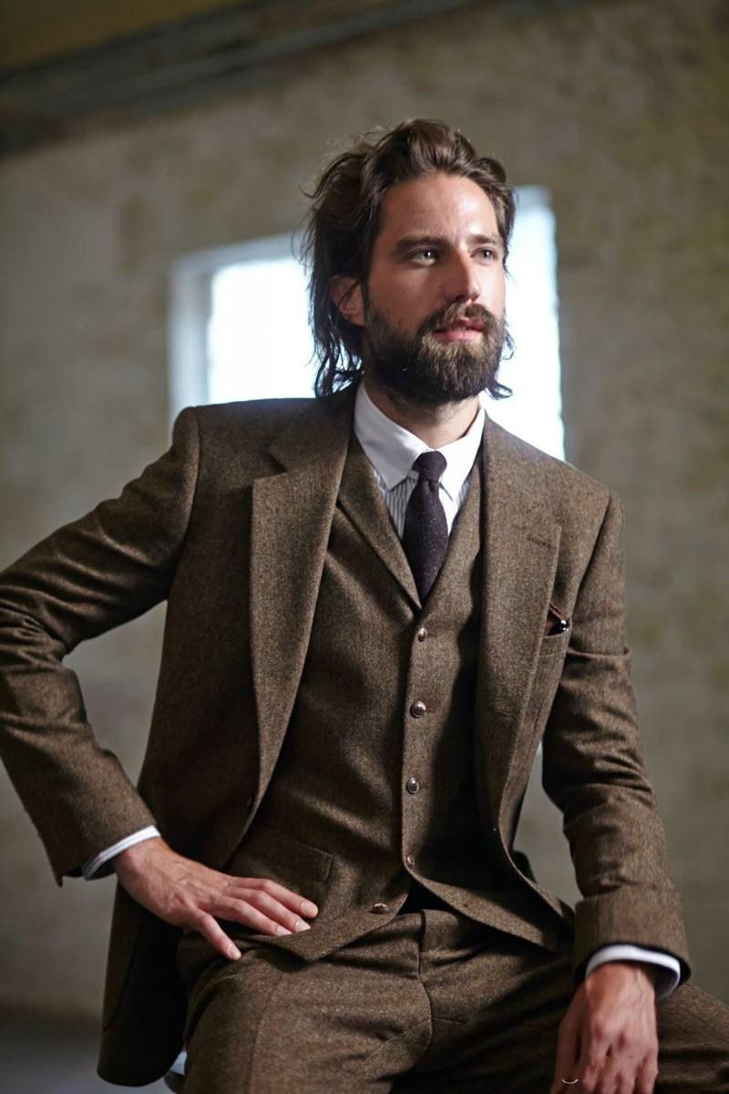 Vintage Mens Suits Tweed Brown Groom Tuxedos Wedding Grooms Three Pieces (Jaket+Vest+Pants) Formal Ocn Wear Prom Suit Custom Made