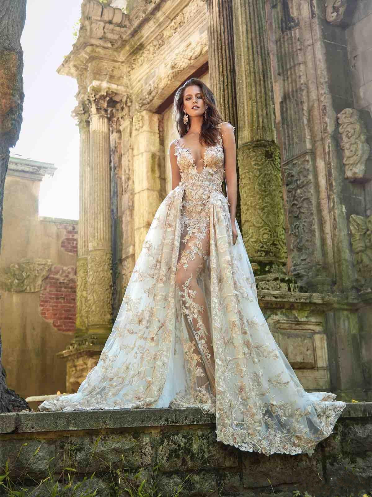 wedding dresses with detachable skirt train newest sexy see through backless deep v neck lace appliques bridal gowns vestidos de novia