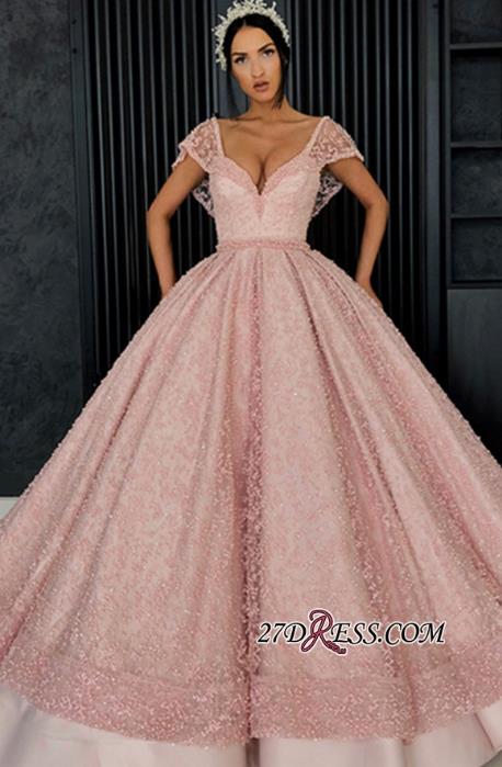 Luxury Pink Ball Gown Prom Dresses V Neck Cap Sleeves Formal Evening Dress With Beaded Lace African Dubai Arab Party Quinceanera Gowns