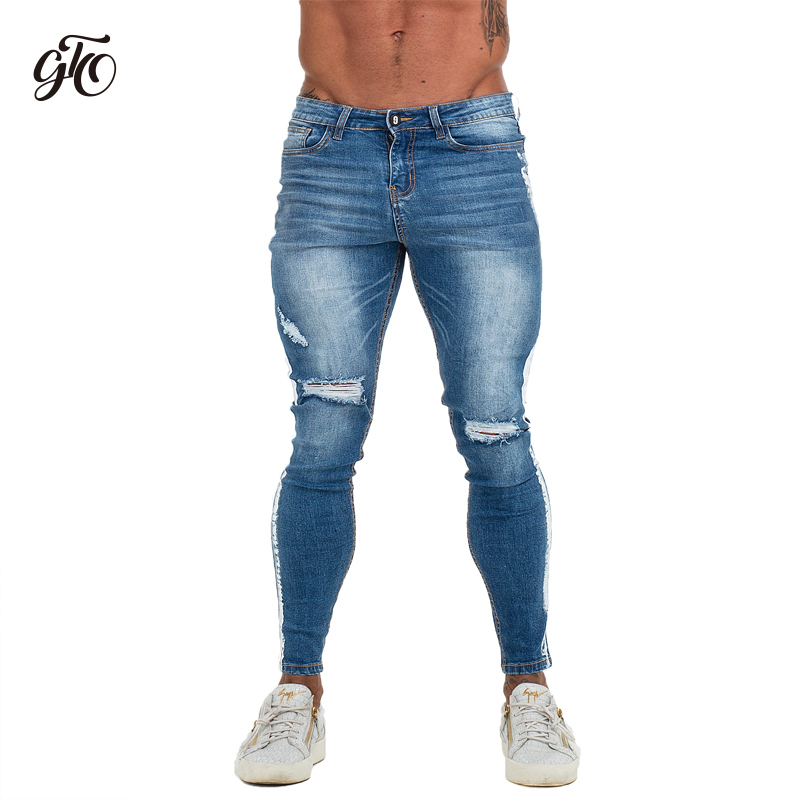 Gingtto Mens Jenas Side Stripe Super Spray on Skinny Jeans Men Plus Elastic Waist Europe Size Athletic Body Type Street Fashion CJ191210
