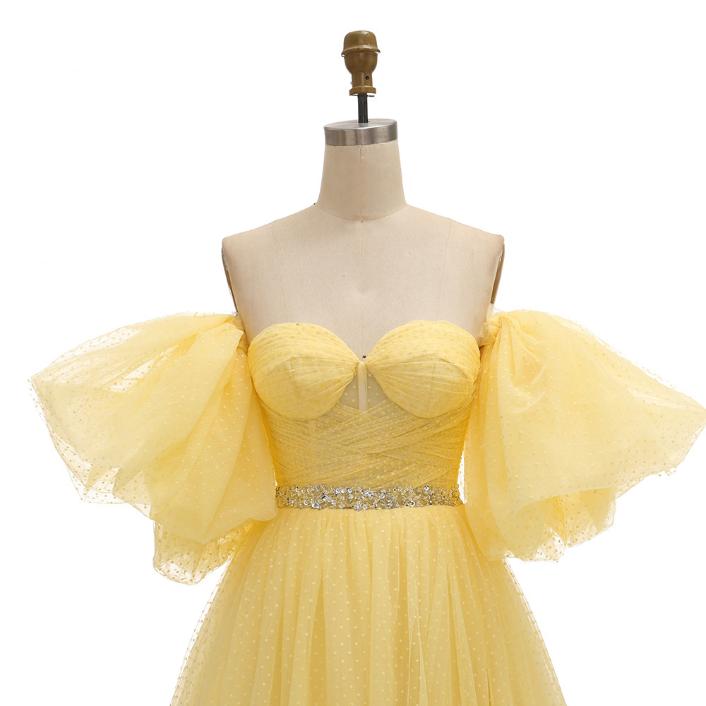 2020 Yellow Prom Dresses Long Pink Party Dress Dot Tulle A-line Evening Gowns Latter Sleeves Elegant Formal Dresses Vestido