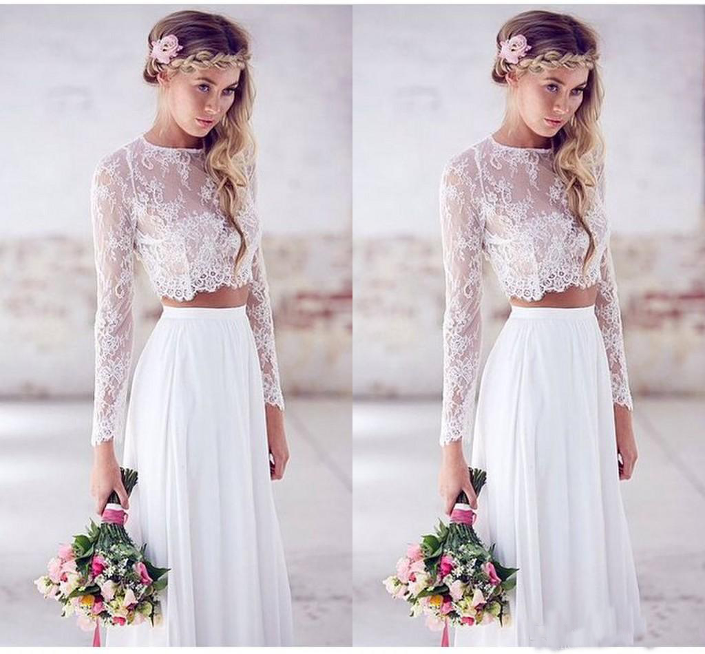 Spring Two Pieces Crop Top Beach Bohemian Dresses Chiffon Ruched Floor Length Wedding Gowns Lace Long Sleeve Bridal Dress 0521