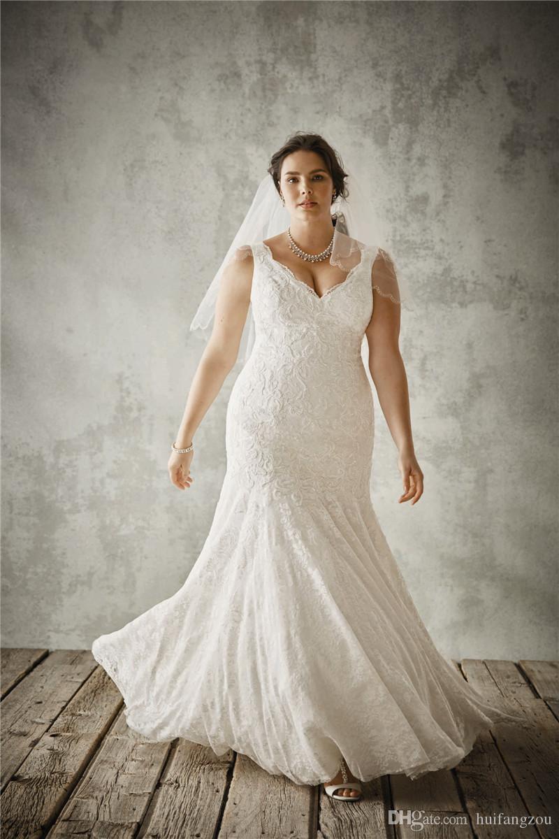 Plus Size Mermaid Wedding Dresses V Neck Full Lace Bridal Gowns Floor Length Beach Wedding Dress Custom Made