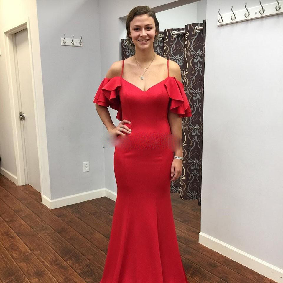Red Mermaid Prom Dresses Spaghetti Backless Ruffles Sweep Train Long Women Formal Evening Party Gowns Special Occasion Dress Cheap