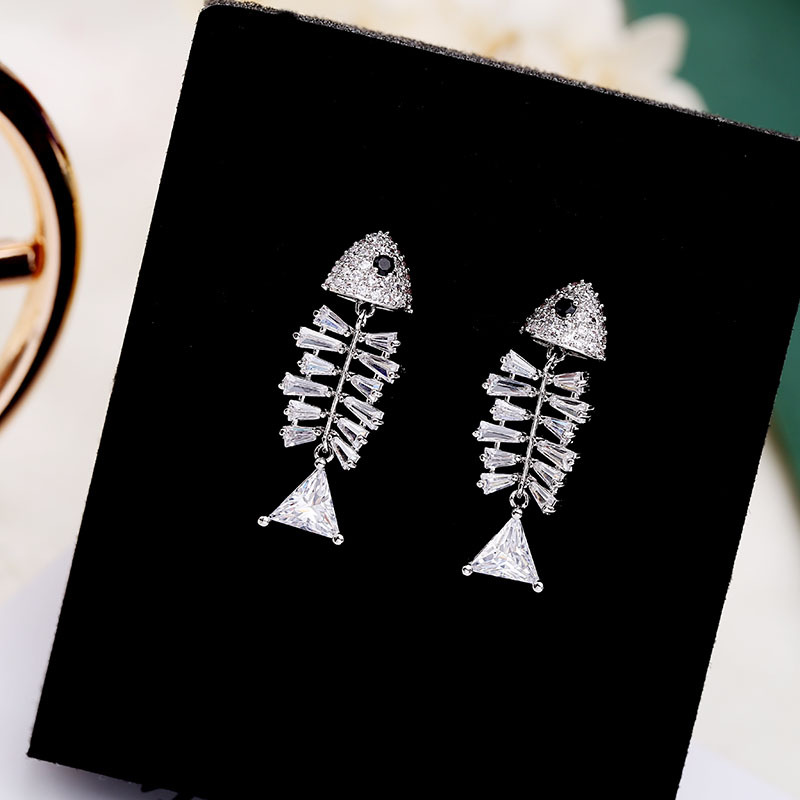 Shiny Bling Full Fish Skeleton S925 Silver Needle Dangle Drop Earrings White Zircon Gold Plated Earring Jewelry Wholesale
