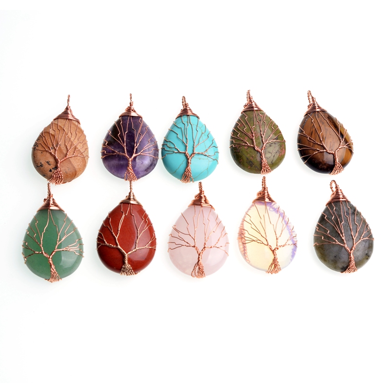 Tree of Life Wire Wrap Water Drop Necklace Pendant Natural Gem Stone DIY Jewelry Making