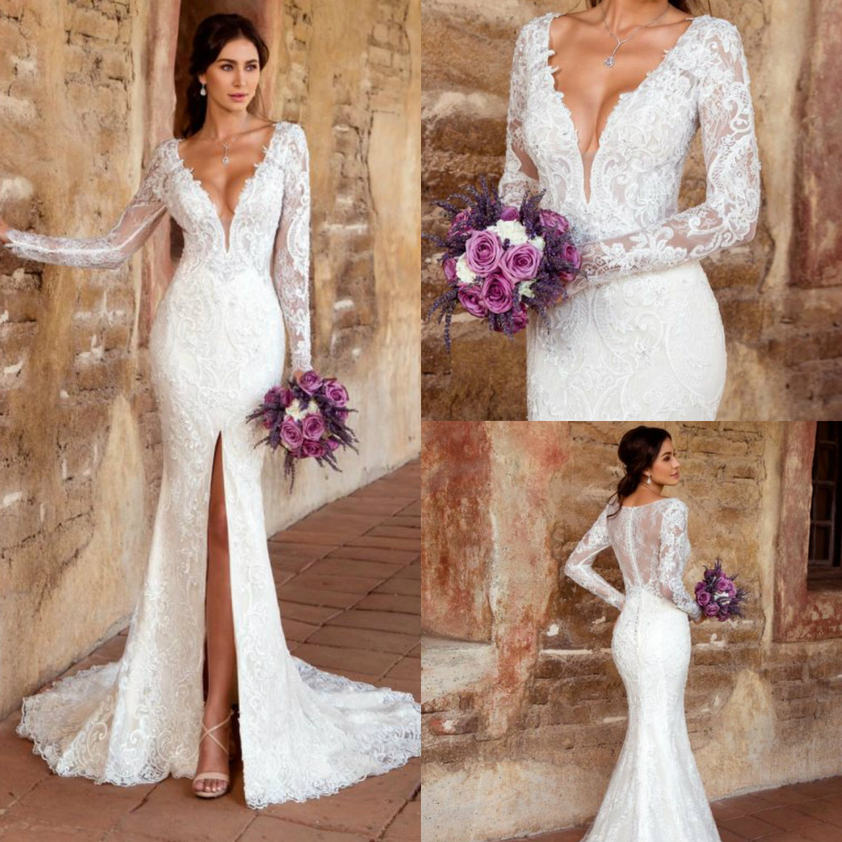 V Neck Beach Mermaid Dresses 2019 Long Sleeves Lace Beaded Sweep Train Wedding Gowns Front Split vestido de novia