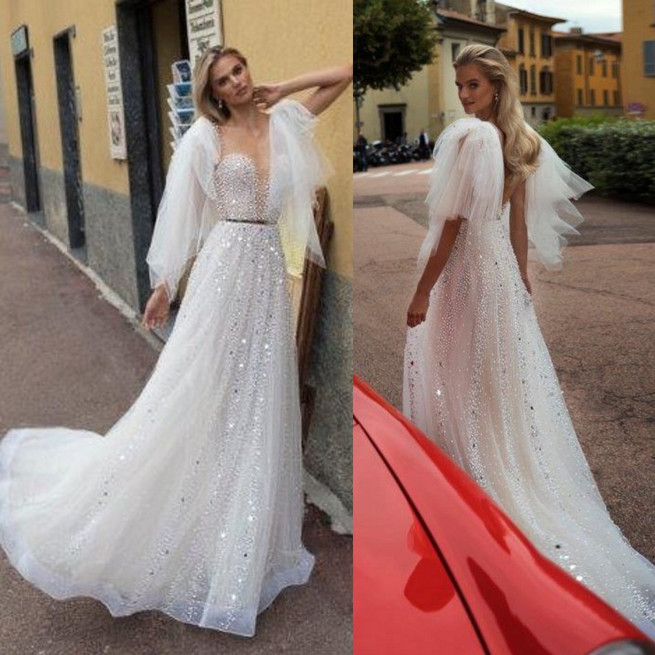 julie vino sexy wedding dresses with wrap lace tulle sequined sweep train beach boho bridal gowns backless vestido de novia
