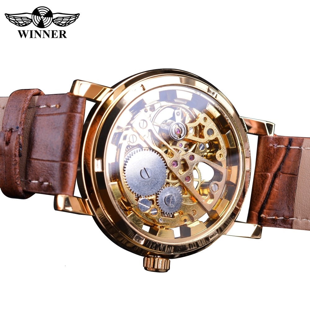 Winner Transparent Golden Case Luxury Casual Design Brown Leather Strap Mens Watches Top Brand Luxury Mechanical Skeleton Watch CJ191213