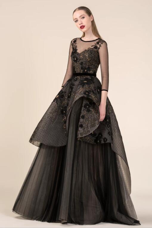 2020 Embroidery Prom Dresses Jewel Neck Tulle 3/4 Long Sleeve Fairy Evening Gowns Custom Made A Line Formal Dress Party Wear