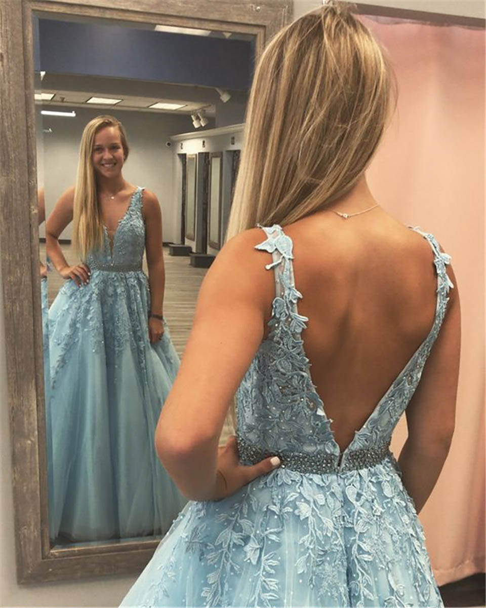 Luxury Crystals Lace Blue Prom Dresses Long Vestidos De Gala Sexy V Back Beads Belt Evening Party Dresses Robe De Soiree