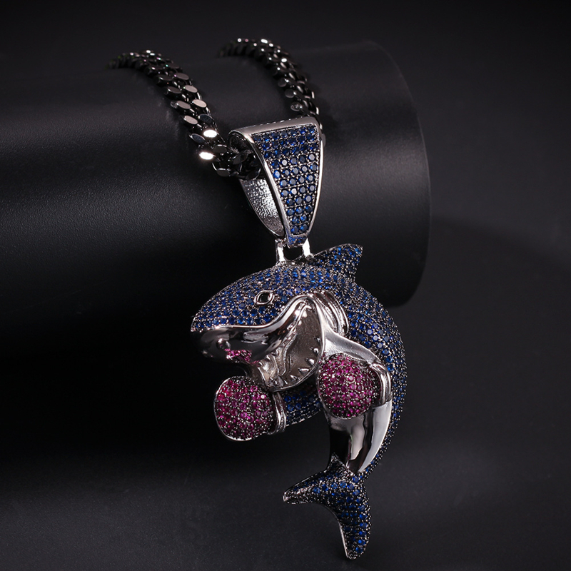 Hot Fashion Hip Hop Necklaces High Quality Yellow White Gold Plated CZ Boxing Shark Pendant Necklaces for Men Women Hot Gift