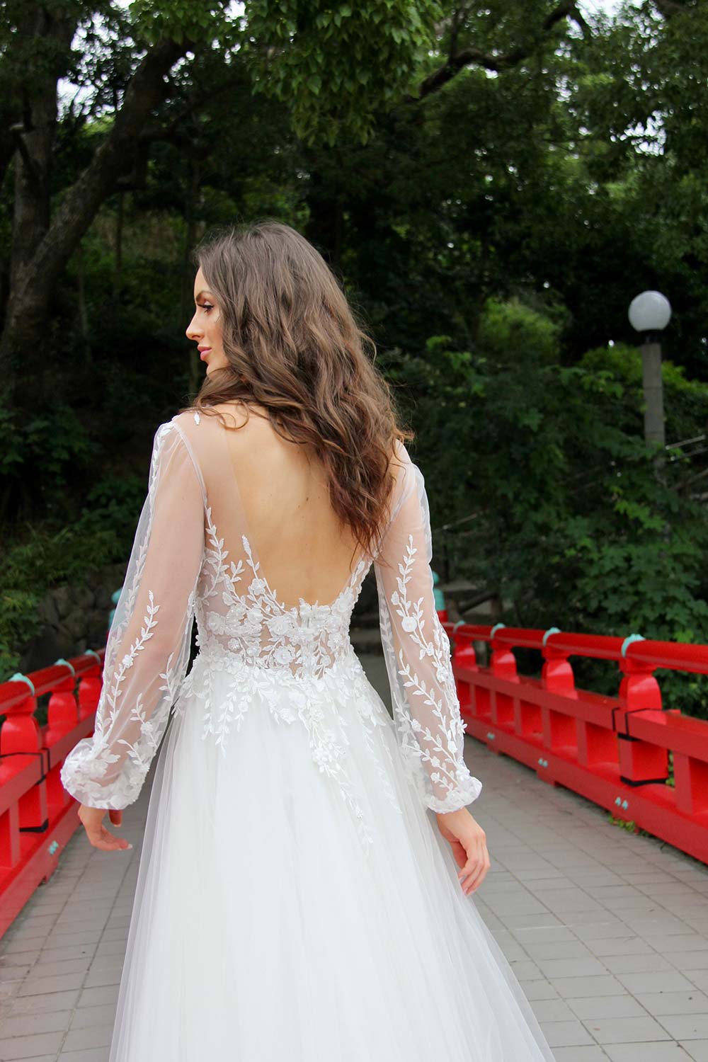 floral wedding dress vneck a line appliqued lace long sleeves bridal dress sweep train tulle illusion backless robes de marie