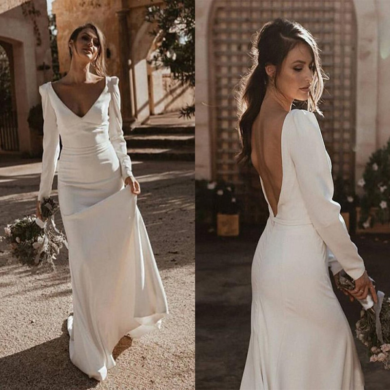 Bohemian mermaid Wedding Dresses 2020 Vintage Long Sleeves Deep V-Neck Backless Church Country Bridal Gowns vestido de noiva