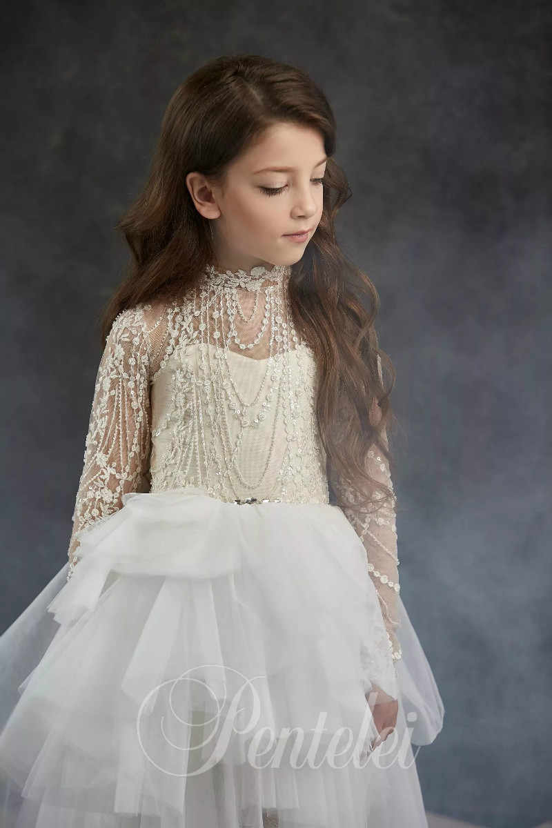 Lovely Ball Gown Flower Girl Dresses Neck Long Sleeve Lace Applique Tiered Pageant Dress High Low Girl's Birthday Party 0508